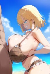 ai_generated beach big_breasts bikini blonde_hair blue_eyes breasts brown_bikini cleavage faceless_male hands_on_breasts hololive hololive_english hololive_myth huge_breasts large_breasts mommy paizuri penis perpendicular_paizuri virtual_youtuber vtuber watson_amelia