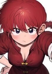 1girls big_breasts black_eyes blush braid breasts canon_genderswap chinese_clothes cleavage closed_mouth female female_only genderswap genderswap_(mtf) hand_on_own_hip inoue_koharu ranma-chan ranma_1/2 ranma_saotome red_hair solo tangzhuang