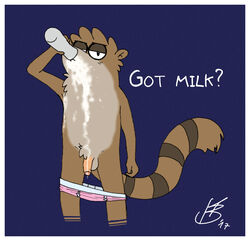 anthro balls cartoon_network clothing drinking foreskin male male_only mammal milk partially_retracted_foreskin penis raccoon regular_show retracted_foreskin rigby solo sweaciabic uncircumcised uncut underwear underwear_down