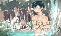 abs bath bathing blush boku_no_hero_academia bones_(company) bones_(studio) boots burn_scar cascade chest clothed_male_nude_male clothes_pull completely_nude curly_hair drinking forest freckles green_eyes green_hair groin hero horse ika_mkai izuku_midoriya jacket lake leaf looking_at_another looking_back medieval midoriya_izuku muscles my_hero_academia nervous nude outdoors pants prince rag red_hair rock royalty scar short_hair shounen_jump shouto_todoroki todoroki_shouto tree two-tone_hair washing water wet white_hair yaoi