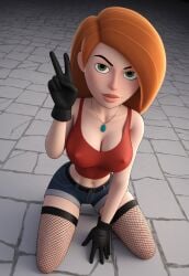 ai_generated big_breasts bodysuit civitai fishnets green_eyes jumpsuit kim_possible kimberly_ann_possible kneeling kneeling_on_ground large_breasts long_hair looking_at_viewer necklace orange_hair shorts silver_necklace stockings tank_top tanktop