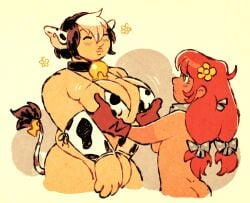 breast_grab breasts cherry_(taylor_titmouse) cow_ears cow_girl cow_print cow_print_bikini cow_tail duo female gloves maggie_(draxoplasm) multiple_girls naked_gloves nude taylor_titmouse yuri