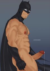 1boy abs bara batman batman_(series) body_hair bruce_wayne cainyourkids cape dc erection grin male_focus male_only mask muscle penis solo undressing