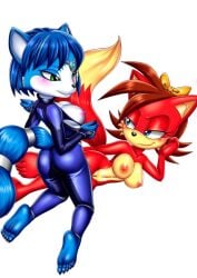 2_girls bbmbbf blue_fur blue_hair blush feet fiona_fox krystal krystal_(assault_outfit) looking_at_another mobius_unleashed nintendo palcomix red_fur red_hair sega soles sonic_(series) sonic_the_hedgehog_(series) star_fox toes undressing