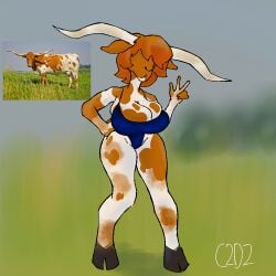 bovid bovine brown_fur brown_hair c2d2 cleavage color digital_media_(artwork) eyes_covered female female_focus furry hooves horn huge_breasts longhorn peace_sign shaded snout swimsuit thick_thighs two_tone_body unitard white_fur wide_hips