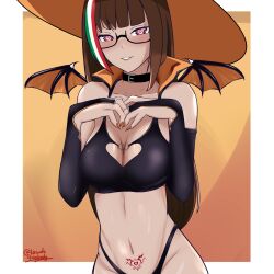 1girls brown_body brown_hair chilo_chan chilo_sports collar glasses halloween halloween_costume heart-shaped_pupils looking_at_viewer mexican_female partially_clothed tattoo witch witch_costume witch_hat