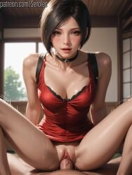 1female 1girls 1male 2d ada_wong ai_generated bare_arms bare_legs black_eyes black_hair brown_eyes choker cleavage cowgirl cowgirl_position detailed_female dress enjoying female girl hi_res high_resolution highres medium_breasts patreon_url patreon_username pony_diffusion_xl pov resident_evil serotec shaved_pussy short_hair straight vagina vaginal_penetration vaginal_sex