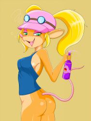 1girl 1girls 2021 2021s 2d 2d_(artwork) 2d_artwork activision anthro ass beverage blonde blonde_female blonde_hair blonde_hair_female bottle bottomless breasts bubble clothed clothing compact_body crash_(series) drunk drunk_bubble eyeshadow eyewear fangs female female_focus female_only furry furry_female genitals goggles green_eyes hair hat headgear headwear hi_res long_hair long_tail makeup mammal marsupial pasadena_o'possum pink_eyeshadow pink_nose pussy shirt side_boob simple_background smile substance_intoxication tagme tail tank_top topwear twintails video_games zebra10045