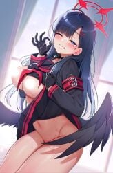 ;d black_eyes black_gloves black_hair black_serafuku black_wings blue_archive bottomless breasts censored censored_nipples female gloves grin half-closed_eyes halo ichika_(blue_archive) indoors large_breasts long_hair long_sleeves looking_at_viewer navel neckerchief ok_sign one_eye_closed red_neckerchief sasachin_(k+w) school_uniform serafuku smile solo stomach teeth window wings