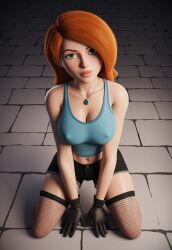 ai_generated big_breasts civitai fishnets green_eyes jpeg kim_possible kimberly_ann_possible kneeling kneeling_on_ground large_breasts long_hair looking_at_viewer necklace orange_hair shorts silver_necklace stockings tank_top tanktop