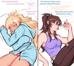 2girls aurawra21 blonde_hair blue_eyes blush blushing brown_hair class_of_'09 cute dialogue embarrassed female_only gold_eyes high_ponytail jecka_(class_of_'09) jeckole laying_on_bed lesbian_couple long_hair multiple_views nicole_(class_of_'09) pale_skin romantic safe scars self-harm_scars sfw simple_background slight_blush smoking tanned_skin wearing_others_clothes yuri