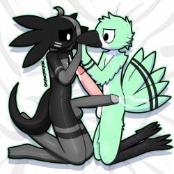 2boys avengers avian axolotl bird cum femboy femboy_on_femboy fur green_feathers hand_holding hands-free huge_cock hung_trap laying_down licorice_(oxyoxyoxyox) oxyoxyoxyox smile