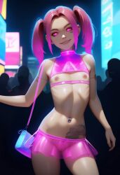 1girls ai_generated breastless_clothes breastless_clothing cybernetics cyberpunk cyborg exhibitionism female flat_chest glowing_eyes hunterai nipples original original_character pigtails pink_eyes pink_hair portrait prostitution public public_nudity purse seductive seductive_look seductive_smile see-through see-through_clothing see-through_skirt smile smiling tagme tattoo transparent_clothing twintails