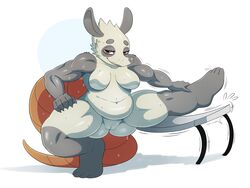 anthro breasts featureless_breasts female fur furry furry_only mammal marsupial muscular muscular_female naked nude opossum poppy_opossum poppy_opossum_(character) pussy slightly_chubby smile solo sssonic2 stretching sweat table tail thick_thighs webcomic wide_hips