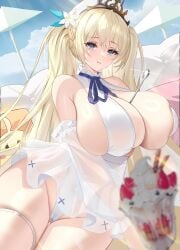 1animal 1girls absurdres azur_lane bare_shoulders between_breasts blonde_hair blue_eyes blush braid breasts cameltoe day detached_sleeves female flower food gluteal_fold hair_flower hair_ornament hat highres iris_libre_(azur_lane) large_breasts light-skinned_female light_skin long_hair long_sleeves looking_at_viewer manjuu_(azur_lane) official_alternate_costume outdoors painlevé_(azur_lane) painlevé_(fresh_and_fortunate)_(azur_lane) parted_lips see-through sideboob skindentation smile spoon thigh_gap thigh_strap thighs tiara twintails white_hat yijiufantexi_(liusanjin11)