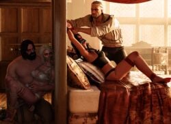 2boys 2girls 3d black_hair bondage bra breasts captured ciri female fetish geralt_of_rivia green_eyes hjalmar_an_craite light-skinned_female light-skinned_male lingerie male mouth_hold panties red_hair skvrwiel the_witcher_(series) the_witcher_3:_wild_hunt white_hair yennefer