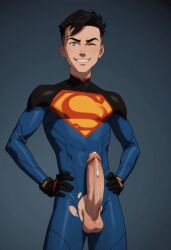 1boy ai_generated big_penis cock conner_kent cum looking_at_viewer male_only penis_focus solo superboy superboy_(conner_kent) tagme twink winking_at_viewer young_justice