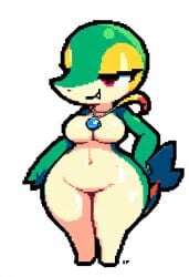 ai_generated anthro anthrofied big_breasts breasts clothing cute_fangs featureless_breasts featureless_crotch female generation_5_pokemon green_body half-closed_eyes hand_on_hip hellsonger hi_res jewelry narrowed_eyes navel necklace nintendo non-mammal_breasts nude pendant pokemon pokemon_(species) pokemorph pussy red_eyes reptile scalie short_stack simple_background smile snivy solo standing thick_thighs white_background wide_hips