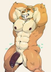 2017 abs anthro balls biceps big_muscles brown_fur brown_nose english_text fangs feline fur green_eyes hands_behind_head looking_at_viewer male male_only mammal muscular muscular_male navel nude open_mouth pecs penis piercing pose precum raised_arm saber-toothed_cat simple_background smile solo standing taoren teeth text white_background white_fur