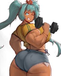 1girls alternate_muscle_size ass big_ass big_breasts big_thighs brazil brazilian brazilian_female brazilian_miku breasts cyan_eyes cyan_hair female female_only hatsune_miku huge_ass huge_thighs latin_american_hatsune_miku_(meme) long_hair looking_at_viewer muscular_female shirt shorts solo tagme tan tan_body thick_hips thick_thighs thighs thong twintails vocaloid weightlifting yellow_shirt zeph505