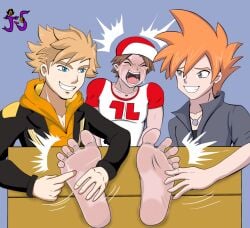 2024 3boys artist_logo blue_(pokemon) blue_oak closed_eyes crying feet jstratus male_feet male_foot_fetish nintendo plain_background pokemon red_(pokemon) spark_(pokemon) stocks tears tickle_torture tickling tickling_feet