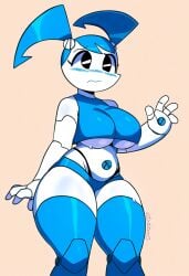 ai_generated android anthro big_breasts blush breasts clothed clothing female hellsonger hi_res jenny_wakeman legwear machine mammal my_life_as_a_teenage_robot navel robot simple_background solo thick_thighs topwear twintails under_boob underwear wide_hips