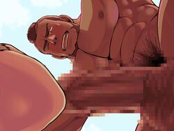 2boys abs animated bara erection facial_hair fellatio male male_only mori_take multiple_boys muscle pecs penis sucking teeth testicles yaoi