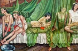 5girls bed black_eyes black_hair book china chinese clothed curtain curtains dark_hair female female_only hu_ming lying lying_on_bed military military_hat military_uniform multiple_girls red_star sitting smile smiling traditional_media_(artwork)