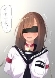 1girls arms_behind_back blindfold blush bondage bound brown_hair collar female female_only heart-shaped_lock medium_breasts medium_hair nanonanno original original_character school_uniform schoolgirl training