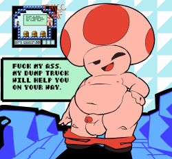 belly big_balls big_butt chubby chubby_male dialogue fat fat_ass happy looking_at_viewer male_focus male_only mario_(series) mob_face pants_down penis penis_out shirtless toad_(mario)