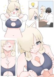 1boy alpaca_ears alpaca_girl alpaca_suri_(kemono_friends) animal_ears black_bra black_hair blonde_hair blush bra breasts cleavage cleavage_cutout closed_mouth clothes_lift clothing_cutout commentary_request cum cum_on_body cum_on_breasts ejaculation facial female grey_eyes hair_between_eyes hair_over_one_eye highres horizontal_pupils idea kemono_friends large_breasts lifting_own_clothes light_bulb long_bangs long_sleeves looking_at_another ollie_(ollie_stratos) open_mouth paizuri penis shirt shirt_lift short_hair sidelocks smile solo_focus straight uncensored underwear upper_body vest white_background white_shirt yellow_vest