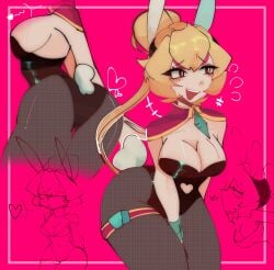 1girls ass black_leotard blonde_hair brawl_stars breasts bunny_ears bunny_tail bunnysuit charlie_(brawl_stars) cleavage clothing_cutout female fishnets hair_bun leotard long_hair medium_breasts multiple_views playboy_bunny smile solo thigh_strap wikomybubu