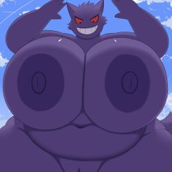 1:1 2024 4_fingers absurd_res anthro areola big_areola big_breasts biped bottomless breasts clothed clothing digital_media_(artwork) female fingers generation_1_pokemon gengar hi_res hidenafox huge_areola huge_breasts huge_thighs hyper hyper_breasts hyper_thighs nintendo nipples nude pokemon pokemon_(species) simple_background smile solo thick_thighs topless wide_hips