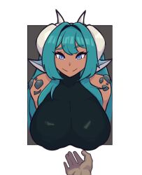 blue_eyes breasts dark-skinned_female dark_skin dragon_girl horns huge_breasts kumori_(sunlightnova) large_breasts long_hair scaled_dragon scales solo solo_female sunlightnova teal_hair