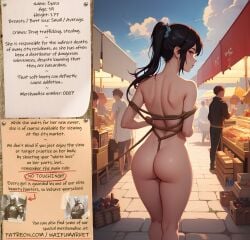 adorable ai_generated anime bondage bounty_hunter chains collar cute dark_hair edited fantasy female fictional market naked nude photoshop roleplay rope_bondage ropes slave slavegirl slavery waifu