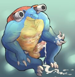 anthro balls big_penis blastoise broad_shoulders cum cum_on_body cum_on_ground cum_on_hand cum_on_penis custapple erection furry looking_at_viewer male male_only muscular muscular_male nintendo penis pokemon sitting solo tagme video_games