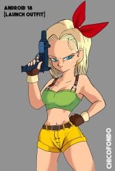 android_18 blonde_hair chicofondo cosplay dragon_ball dragon_ball_(classic) female launch_(cosplay) short_hair shorts