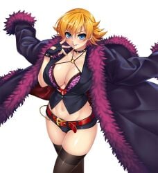 belly blazer blue_eyes bra breasts choker coat_on_shoulders ginger_hair gloves huge_breasts igawa_sakura kunoichi lilith-soft lipstick mafia midriff nail_polish short_hair shorts smiling_at_viewer smirk spiked_bracelet spiked_collar taimanin_(series) taimanin_asagi_battle_arena taimanin_asagi_battle_arena_all_card_gallery tight_clothing tight_leggings white_background