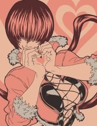 1girls cleavage cleavage_cutout covered_eyes female fishnets fluffy hand_gesture hands_together heart heart_symbol jacket king_of_fighters light_skin long_hair ponytail red_hair shermie_(kof) smile