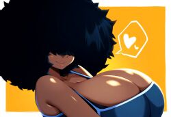 afro ai_generated big_hair brinne dark-skinned_female dark_skin ebony female heart huge_breasts mullon novelai original_character smile solo top-heavy