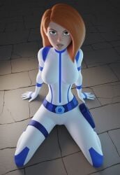 1girls 6_fingers ai_generated big_breasts bodysuit civitai female female_focus female_only green_eyes jumpsuit kim_possible kimberly_ann_possible kneeling kneeling_on_ground large_breasts long_hair looking_at_viewer orange_hair solo white_jumpsuit