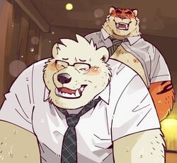 anal anthro bear belly big_belly blush embarrassed eyewear feline furry garouzuki ken_(garouzuki) male mammal necktie overweight sex slightly_chubby tiger yaoi