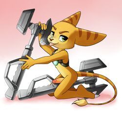 anthro ass barefoot claws cute erection fur green_eyes lombax looking_at_viewer male male_only nude omniwrench penis ratchet_(ratchet_and_clank) ratchet_and_clank sharp_claws sitting skyeprower smile solo toe_claws tongue tongue_out uncut video_games weapon wrench young