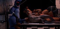 3d 3d_(artwork) anal bear belly_bulge big_penis bonnie_(fnaf) bunny defeated dubious_consent five_nights_at_freddy's freddy_(fnaf) freddy_fazbear gay human human_on_anthro humanoid humanoid_penis laying_down laying_on_side laying_on_table oral purple_body red_eyes restrained restrained_arms security_guard stomach_bulge tagme threesome withered_bonnie withered_freddy zikaizsha_(artist)