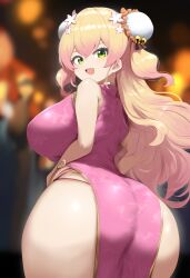 ai_generated ass big_ass big_breasts breasts china_dress chinese_clothes double_bun from_behind green_eyes hololive hololive_gen_5 huge_breasts large_ass large_breasts momosuzu_nene oerba_yun_fang side-tie_panties thick_thighs virtual_youtuber vtuber wide_hips