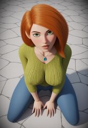 ai_generated big_breasts civitai green_eyes jeans jpeg kim_possible kimberly_ann_possible kneeling kneeling_on_ground knitted_sweater large_breasts long_hair looking_at_viewer necklace orange_hair silver_necklace sweater