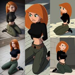 ai_generated arms_behind_back big_breasts cargo_pants civitai gloves green_eyes kim_possible kimberly_ann_possible kneeling kneeling_on_ground large_breasts long_hair multiple_views orange_hair shirt small_waist tight_clothing