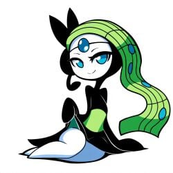 ai_generated anthro blue_eyes clothed clothing clothing_lift elemental_creature female feral flora_fauna gem green_body hair hellsonger looking_at_viewer meloetta nintendo pokemon pokemon_(species) simple_background smile solo white_background