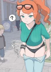 female female_focus game_freak nintendo panties pokemon pokemon_ss public pulling_down_pants samidare solo_focus sonia_(pokemon) spoken_question_mark undressing undressing_in_public