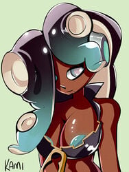 beauty_mark breasts dark-skinned_female dark_skin female female_only kamilong marina_(splatoon) mole mole_under_mouth nintendo nipples octoling solo splatoon splatoon_2 teal_nipples zipper_pull_tab